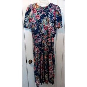 Lisa II Navy Floral Dress Short Sleeve 48" Women's Size 10 Cotton/Rayon Feminine